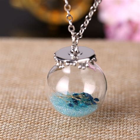 Mini Glass Bottle Necklace with Dried Flower Sky Blue Bead Pedant Vial Necklace for Women ...