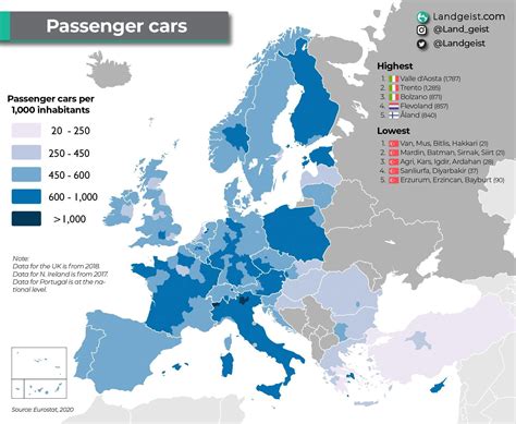 Map of cars in regions across Europe per 1000 inhabitants (Eurostat ...