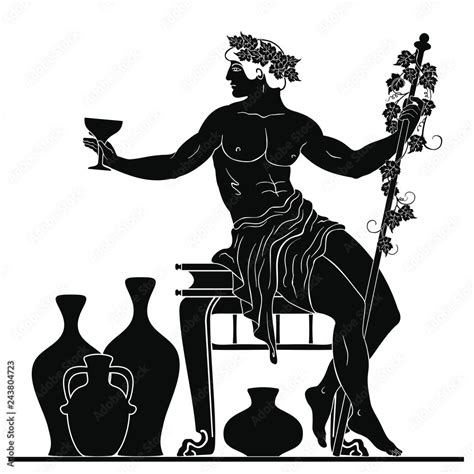 Stockvector The ancient Greek god Dionysus with a glass and a rod sits ...