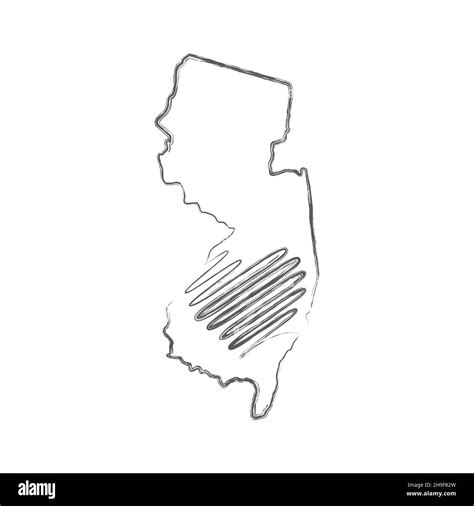 New Jersey US state hand drawn pencil sketch outline map with heart shape. Continuous line ...