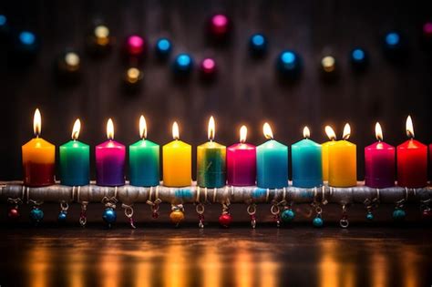 Premium AI Image | Menorah with colorful candles and decorations