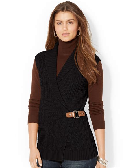 Lauren by Ralph Lauren Petite Cable-knit Wrap Sweater Vest in Black - Lyst