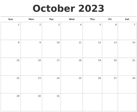 October 2023 Blank Monthly Calendar