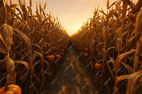 Premium AI Image | Autumn corn maze with twisting pathways and tall c ...