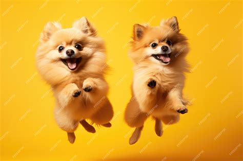 Premium Photo | Jumping Moment Two Pomeranian Dogs On Yellow Background