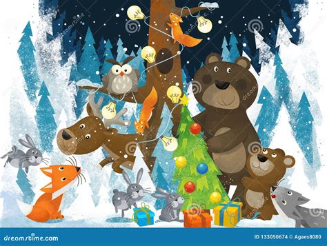 Winter Scene with Forest Animals Reindeers Bear Fox and Owl Near ...