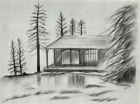 Small house - house, sketch, graphics, coal, nature, trees, reflection, black, white, river ...