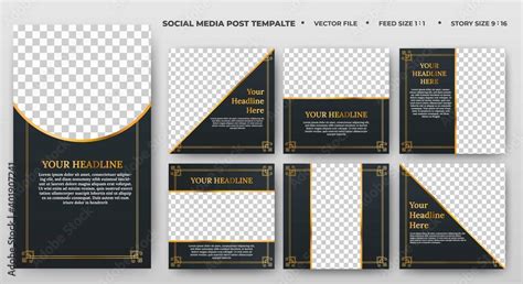 Set of Editable square banner template. Black and gold background color ...