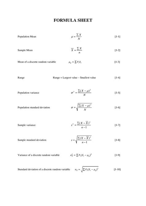 BUS105 e Formula Sheet - FORMULA SHEET Population Mean N X [1-1] Sample Mean n X X [1-2] - Studocu