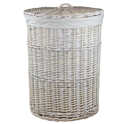 Keswick White Wash Round Wicker Laundry Basket Woven Bedroom Storage With Lid | eBay