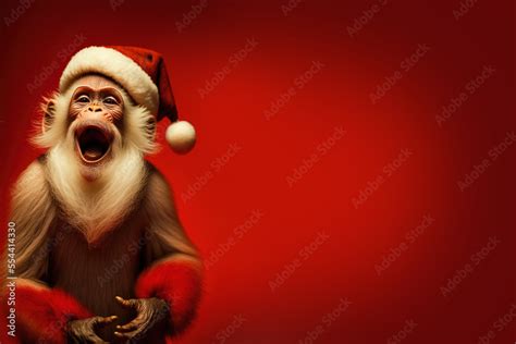 A funny Christmas card of a cute monkey dressed as Santa Claus, laughing on red background with ...