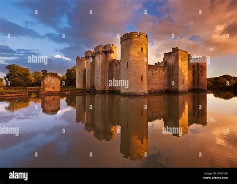 Bodiam Castle with perfect reflection in the moat - Bodiam Castle 14th-century moated castle ...