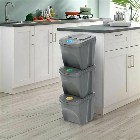 3 x 25L Recycle Bins Stackable Food Kitchen Waste Recycling Lids Sorting Dustb