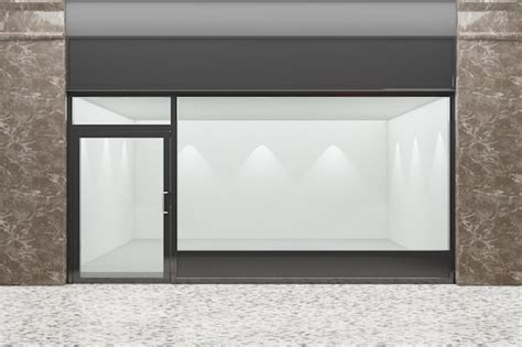 Premium Photo | Front view of an empty storefront of shop. design with black aluminuin and glass ...