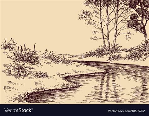 Landscape drawing. River flow and vegetation. Download a Free Preview or High Quality Adobe ...