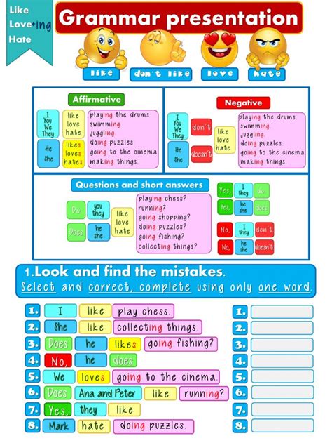 Like love and hate +ing worksheet | English lessons for kids, Learn ...