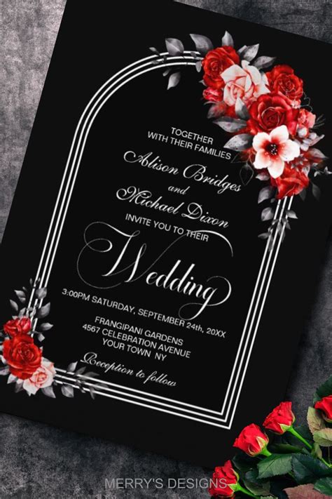 Red Floral Arch Black Wedding Invitation | Zazzle