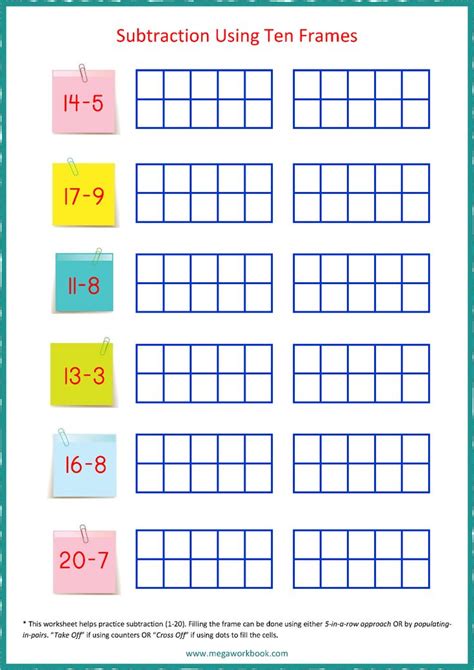 the subtraction using ten frames worksheet is shown in blue and yellow