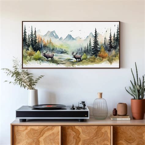 Moose Watercolor Forest Large Long Canvas Painting, Moose Wall Art, Ready to Hang, Framed Canvas ...