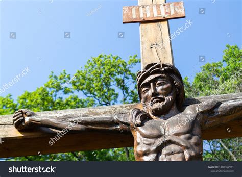 Wooden Statue Jesus On Cross Against Stock Photo (Edit Now) 1480367981