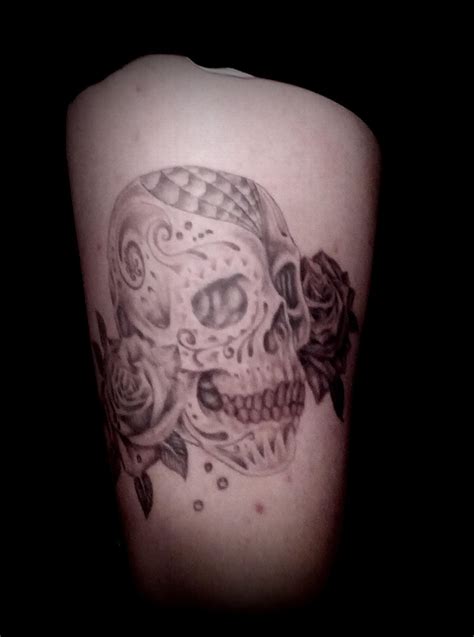 Grey shade sugar skull and roses tattoo by CalebSlabzzzGraham on DeviantArt