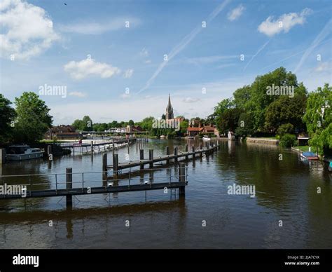 View along River Thames to Marlow town from Marlow Lock Buckinghamshire ...