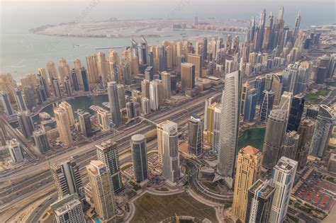 Aerial panoramic view of skyscrapers, Dubai, UAE - Stock Image - F038 ...