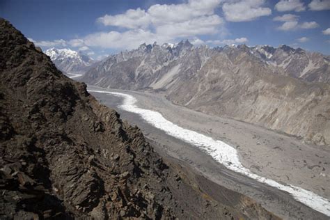 Looking up Batura glacier, one of the largest and longest glaciers on earth outside the polar ...