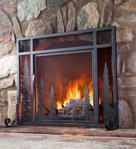 Large Mountain Cabin Fire Screen With Door - Black | PlowHearth