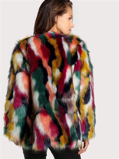 SHEIN Colorful Fuzzy Coat | Colorful faux fur coat, Long sleeve faux ...