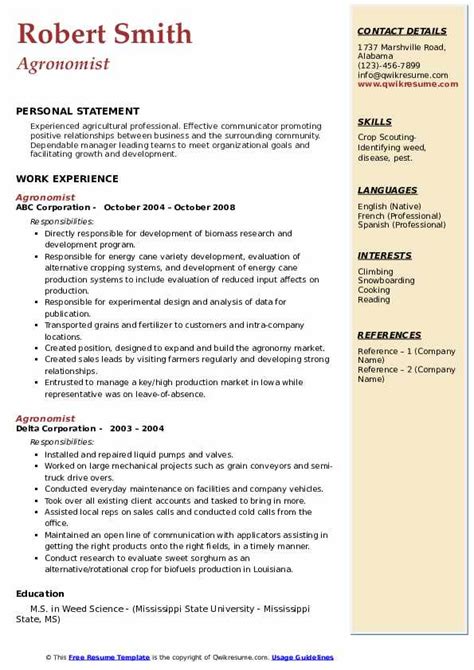 Agronomist Resume Samples | QwikResume