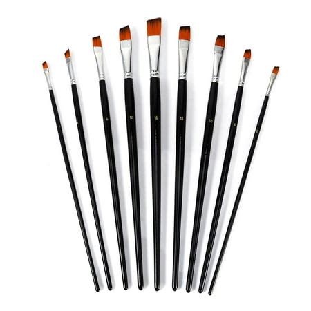 9 PCS Nylon Oblique Flat Tipped Paint Brushes Set Inclined Plane Wooden Long Handle Brush ...