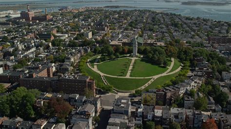 5.5K stock footage aerial video of neighborhoods, Dorchester Heights Monument, South Boston ...