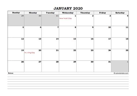 2020 Excel Monthly Calendar with Notes - Free Printable Templates