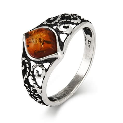 Antique Scroll Design Sterling Silver Baltic Amber Ring | Eve's Addiction®