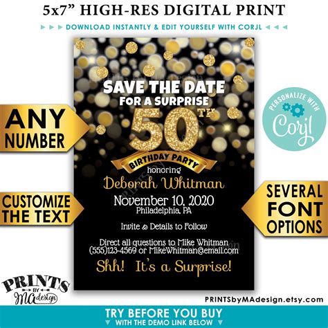 Surprise Birthday Party Save the Date, Black & Gold Glitter Birthday, PRINTABLE 5x7 Golden Bday ...