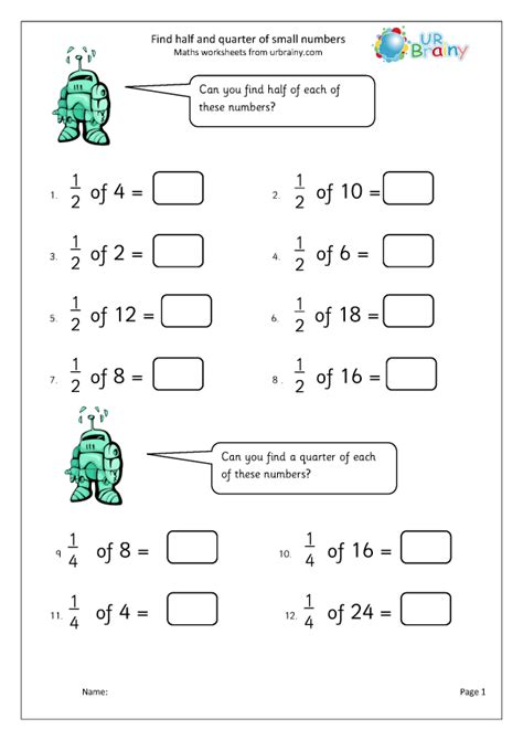 Find half and quarter of small numbers - Fraction Worksheets for Year 2 (age 6-7) by URBrainy.com