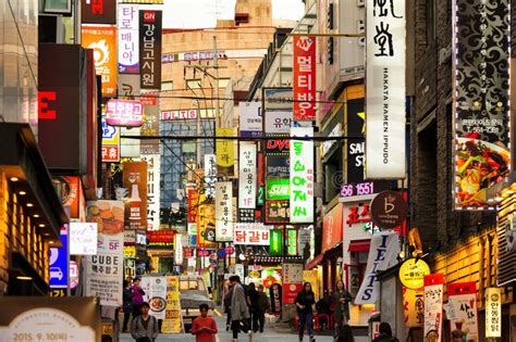 Gangnam Shopping Street with Colorful Neon Lights at Night, Seoul ...