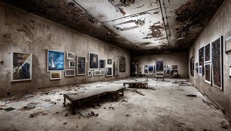 dramatic photo of abandoned art gallery full of art | Stable Diffusion