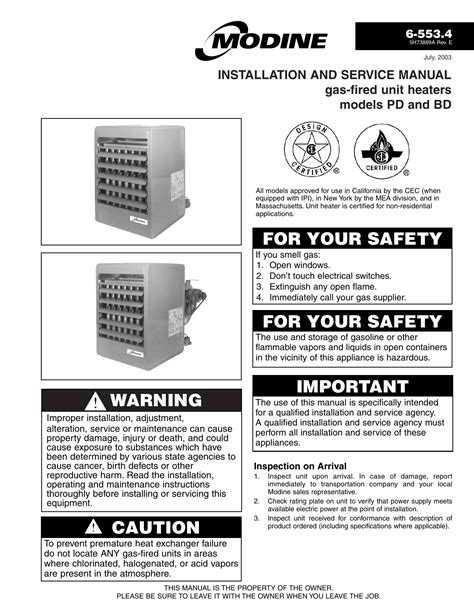 Modine Gas-Fired Unit Heaters Heaters Installation & Service Manual | Manualzz