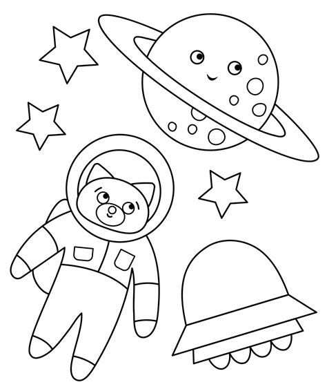 Vector black and white funny astronaut fox in space with planet, stars ...