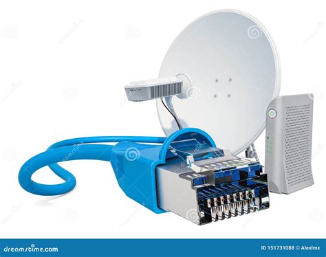 Satellite Internet Access Concept. Communication Satellite Dish with Satellite Modem and ...