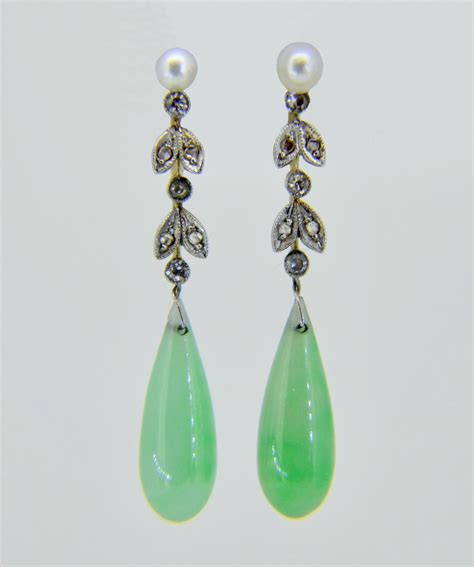 Jade, diamond and seed pearl drop earrings c.1930 - Jethro Marles