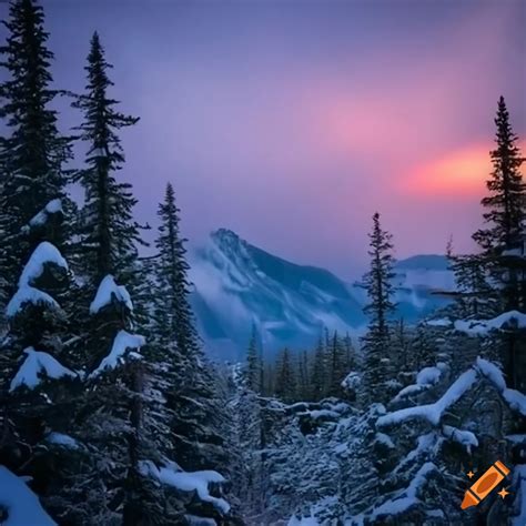 Canadian snowy wilderness with trees and wolves