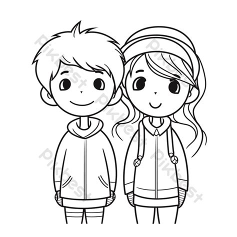 Cute Girl And Boy Cartoon Black White In Coat Outline Sketch Drawing Vector PNG Images | PNG ...