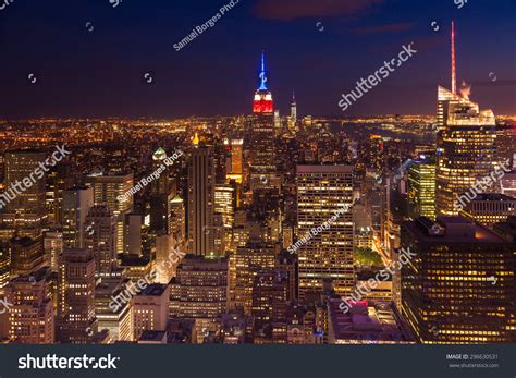 Aerial Night View Manhattan Skyline New Stock Photo 296630531 ...