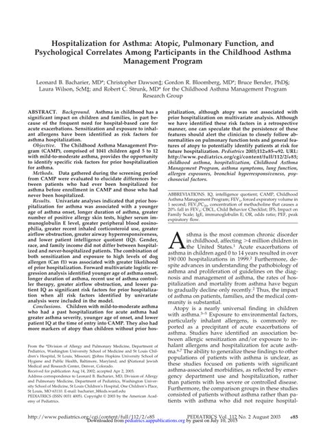 (PDF) Hospitalization for Asthma: Atopic, Pulmonary Function, and ...