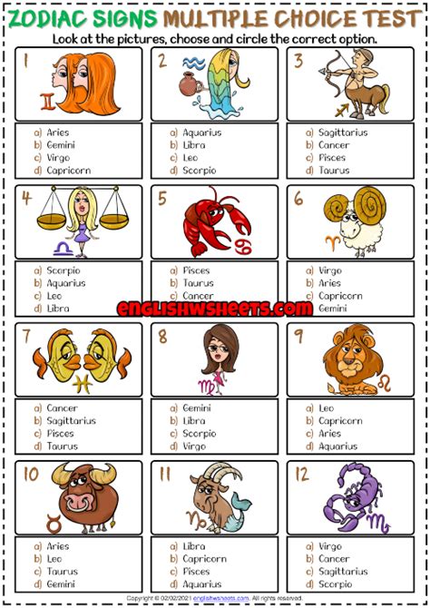 Zodiac Signs ESL Printable Multiple Choice Test For Kids