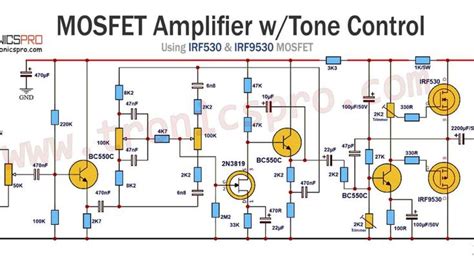 MOSFET Amplifier with Tone Control using IRF530 & IRF9530 | Amplifier ...