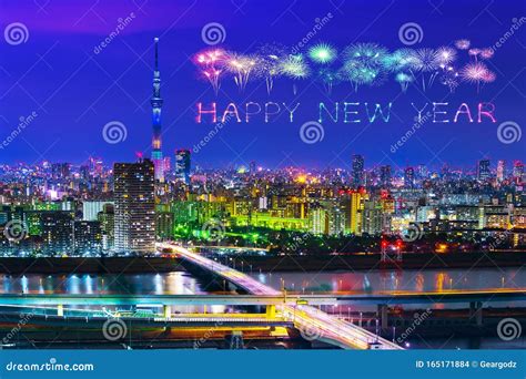 Happy New Year Fireworks Over Tokyo Cityscape at Night, Japan Editorial ...